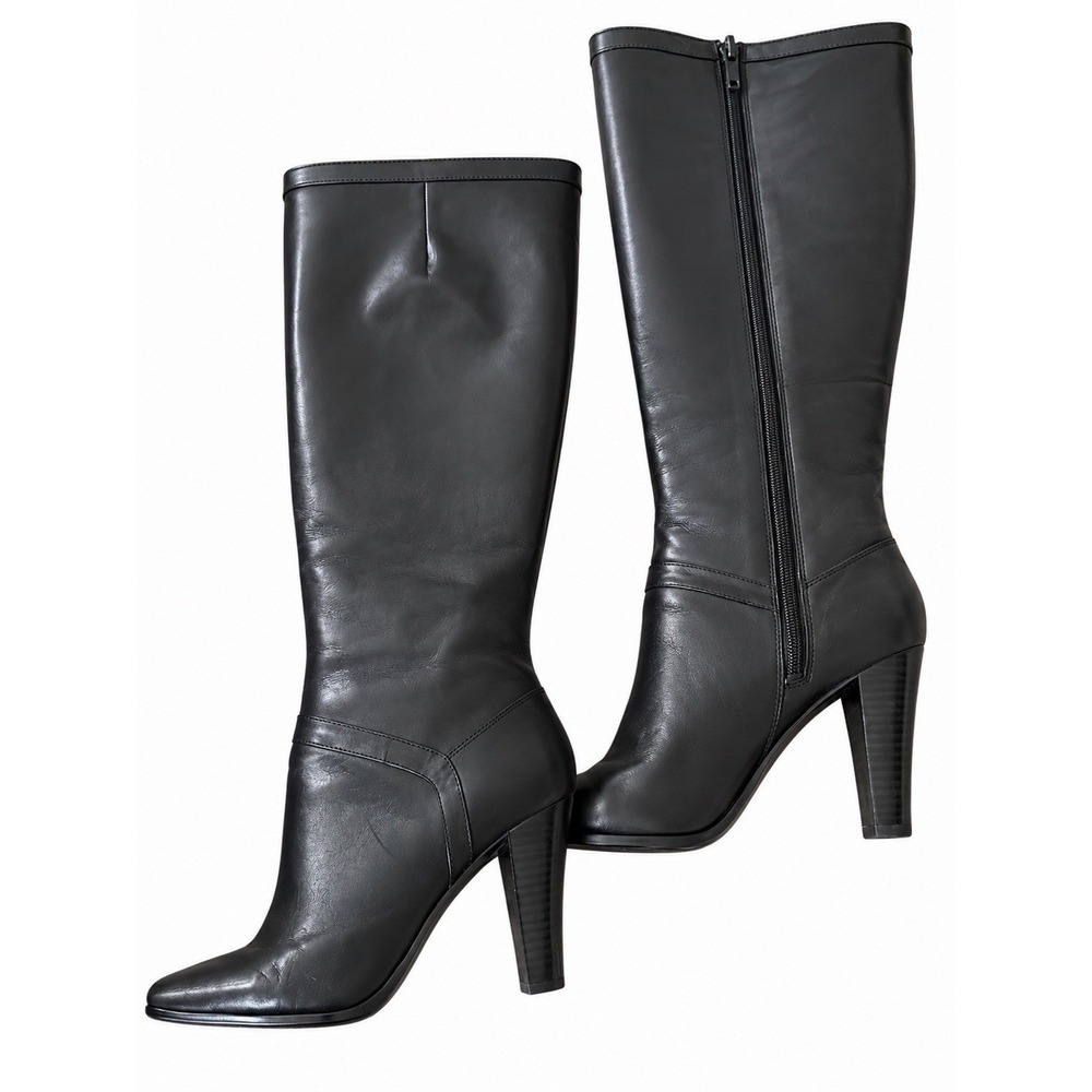 Nine West Callano Black Leather Knee High Boots Square Toe Block Heel Y2K 7M
